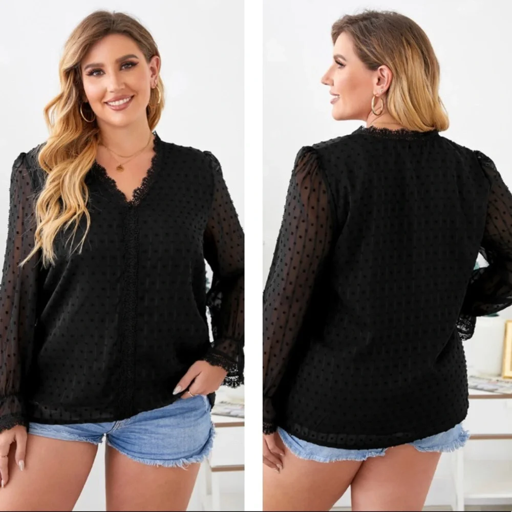 Black Plus Size Swiss Dot Lace Trim Long Sleeve Puff Sleeve Blouse - Picture 2 of 3